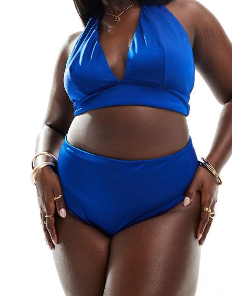 ASOS DESIGN Curve Maya mix and match high leg high waist bikini bottom in blue - view 1