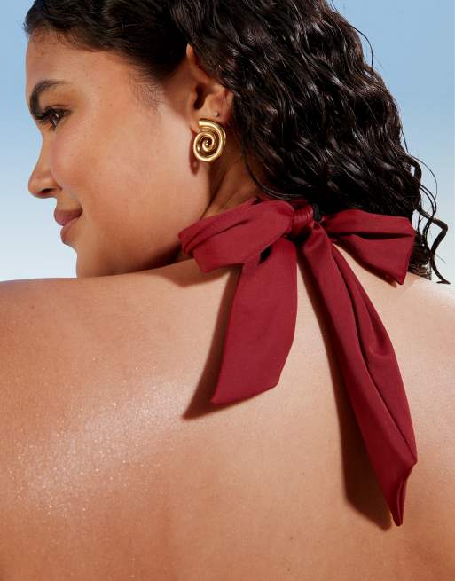 ASOS DESIGN Curve Maya Mix and Match sleek halter bikini top in burgundy, 4 of 4