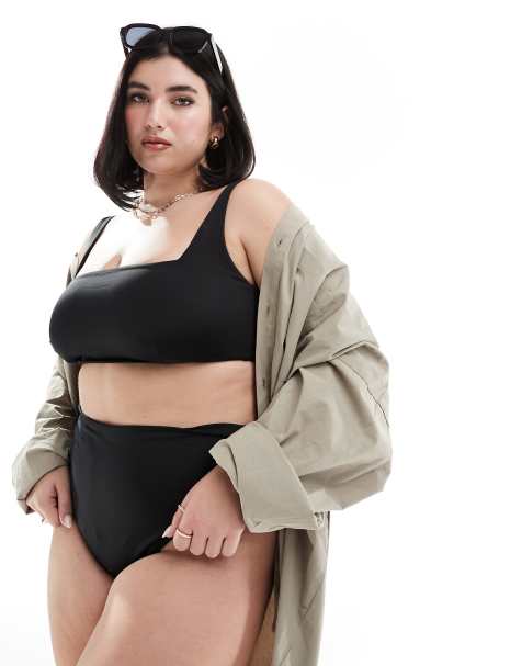 ASOS DESIGN Curve - Maya - Mix and Match - Slip bikini sgambati a vita alta neri - view 1