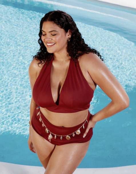 ASOS DESIGN Curve – Maya – Mixa och matcha – Vinröd, elegant bikiniöverdel med halterneck - view 1