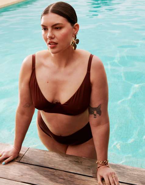 ASOS DESIGN Curve Maya step front underwired bikini top in chocolate brown - view 1