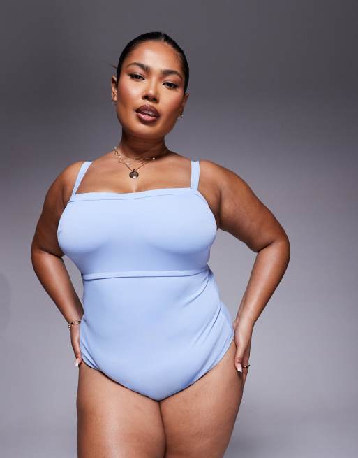 ASOS DESIGN Curve – Maya – Trägerloser Badeanzug in Blau mit Stützfunktion