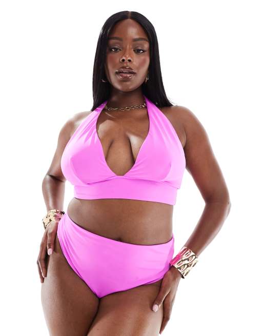ASOS DESIGN Curve – Maya – Wysoko wycięty jaskraworóżowy dół od bikini z podwyższonym stanem