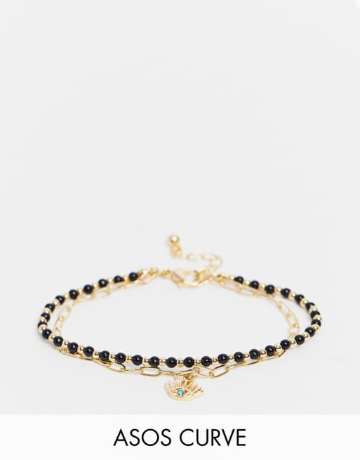 ASOS DESIGN Curve – Mehrreihiges Armband mit Augenanhänger und feiner Gliederkette in Gold
