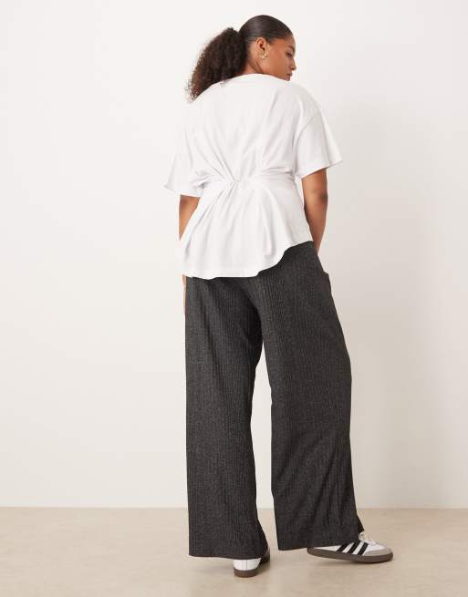 ASOS DESIGN Curve - Meleret koksgrå bukser med vide ben og ribstrikkede detaljer, 2 af 5