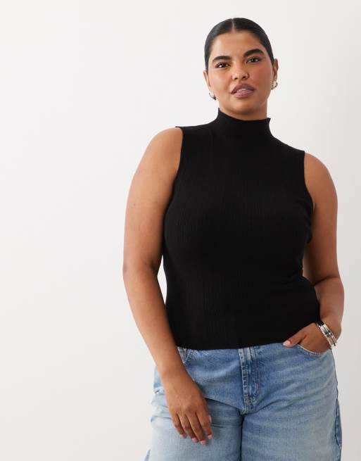 ASOS DESIGN Curve melierter Strick mit Rippstruktur, ärmellos, mit Stehkragen in Schwarz, 3 von 4