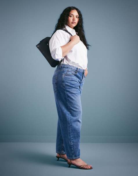 ASOS DESIGN Curve – Mellanblå, ankellånga jeans med barrelben och indragen detalj - view 1