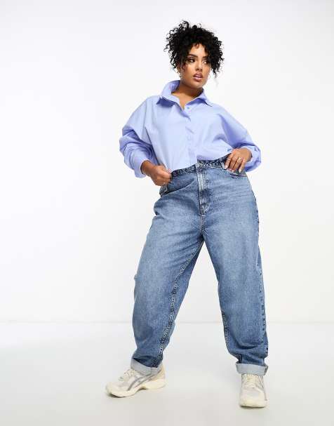 ASOS DESIGN Curve – Mellanblå, avslappnade mom jeans med hög midja - view 1