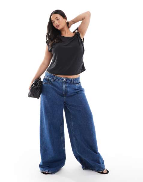 ASOS DESIGN Curve – Mellanblå jeans med hög midja och vida ben - view 1