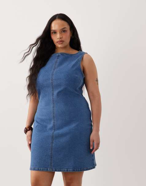 ASOS DESIGN Curve – Mellanblå jeansklänning i minilängd och bodycon-modell med rak ringning - view 1