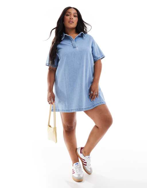 ASOS DESIGN Curve – Mellanblå jeansklänning med pikékrage, 2 av 4