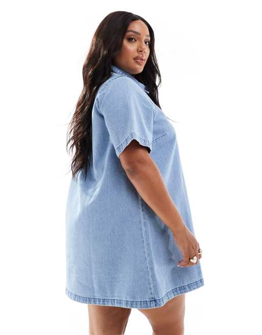 ASOS DESIGN Curve – Mellanblå jeansklänning med pikékrage, 4 av 4