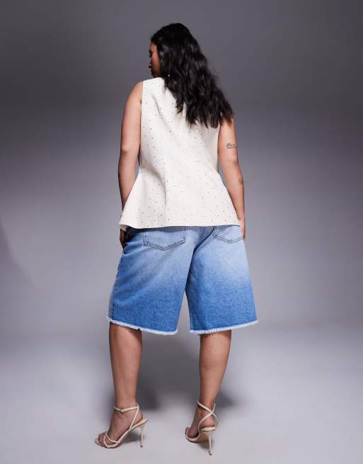  ASOS DESIGN Curve – Mellanblå jeansshorts i bermudastil med revor, 5 av 5