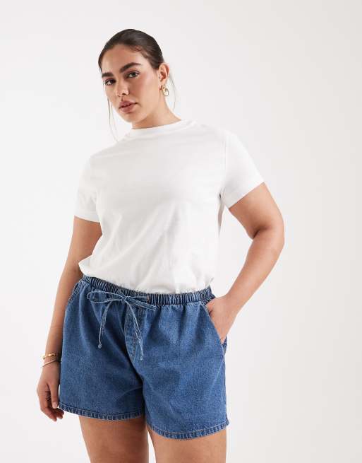 ASOS DESIGN Curve – Mellanblå jeansshorts med resårmidja, 2 av 5