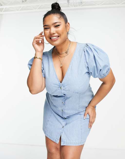 ASOS DESIGN Curve – Mellanblå mini-teaklänning i mjuk denim med dekorativ söm, 4 av 4