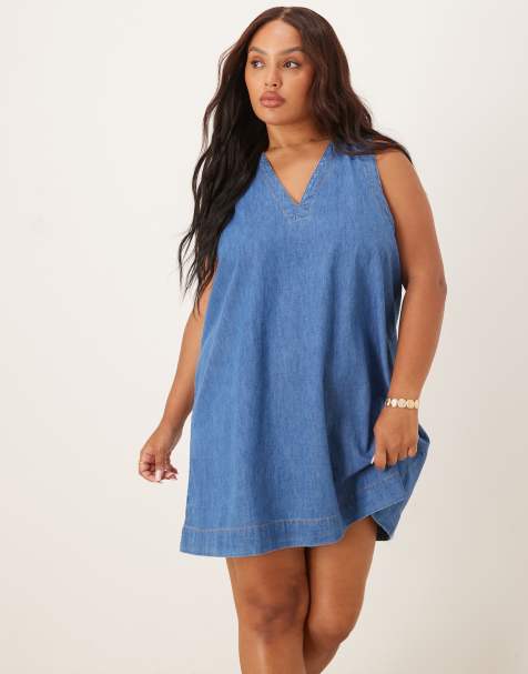 ASOS DESIGN Curve – Mellanblå shiftklänning med v-ringning i denim - view 1