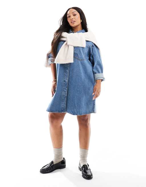 ASOS DESIGN Curve – Mellanblå skjortklänning i minilängd av denim
