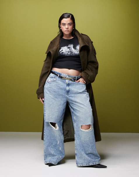 ASOS DESIGN Curve - Mellemblå posede jeans med flænger og malerpletter - view 1