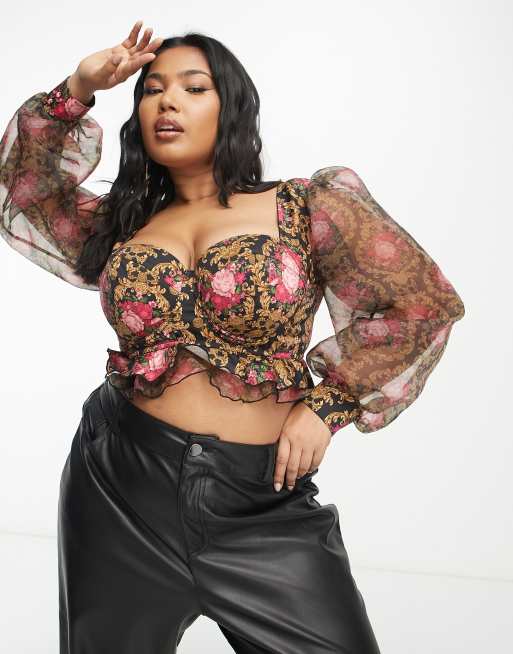 ASOS DESIGN Curve Melody corset with chiffon sleeves in baroque