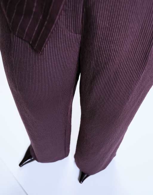 ASOS DESIGN Curve mensy trousers in cutabout stripe co-ord in plum stripe , 2 of 5