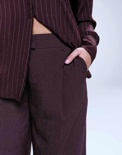 ASOS DESIGN Curve mensy trousers in cutabout stripe co-ord in plum stripe , 5 of 5