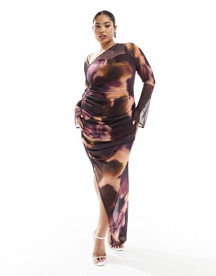 ASOS DESIGN Curve mesh asymmetric cut out midi dress in purple marble print