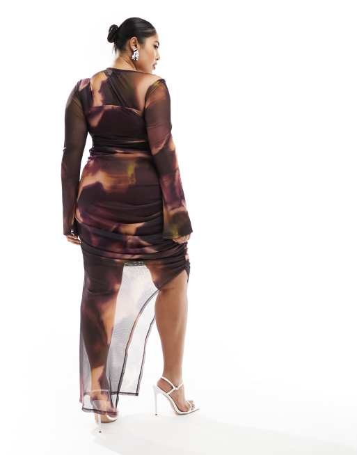 ASOS DESIGN Curve mesh asymmetric cut out midi dress in purple marble print, 3 of 4