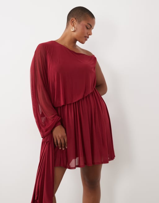 ASOS DESIGN Curve mesh asymmetric extreme one sleeve mini dress in berry, 2 of 4