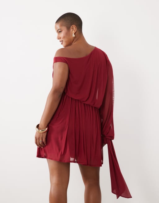 ASOS DESIGN Curve mesh asymmetric extreme one sleeve mini dress in berry, 3 of 4