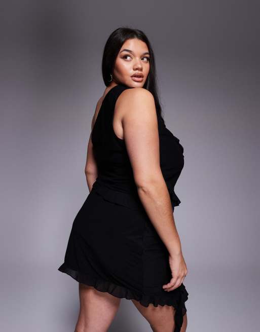 ASOS DESIGN Curve mesh asymmetric ruffle top with cut out in black (part of a set), 4 of 4