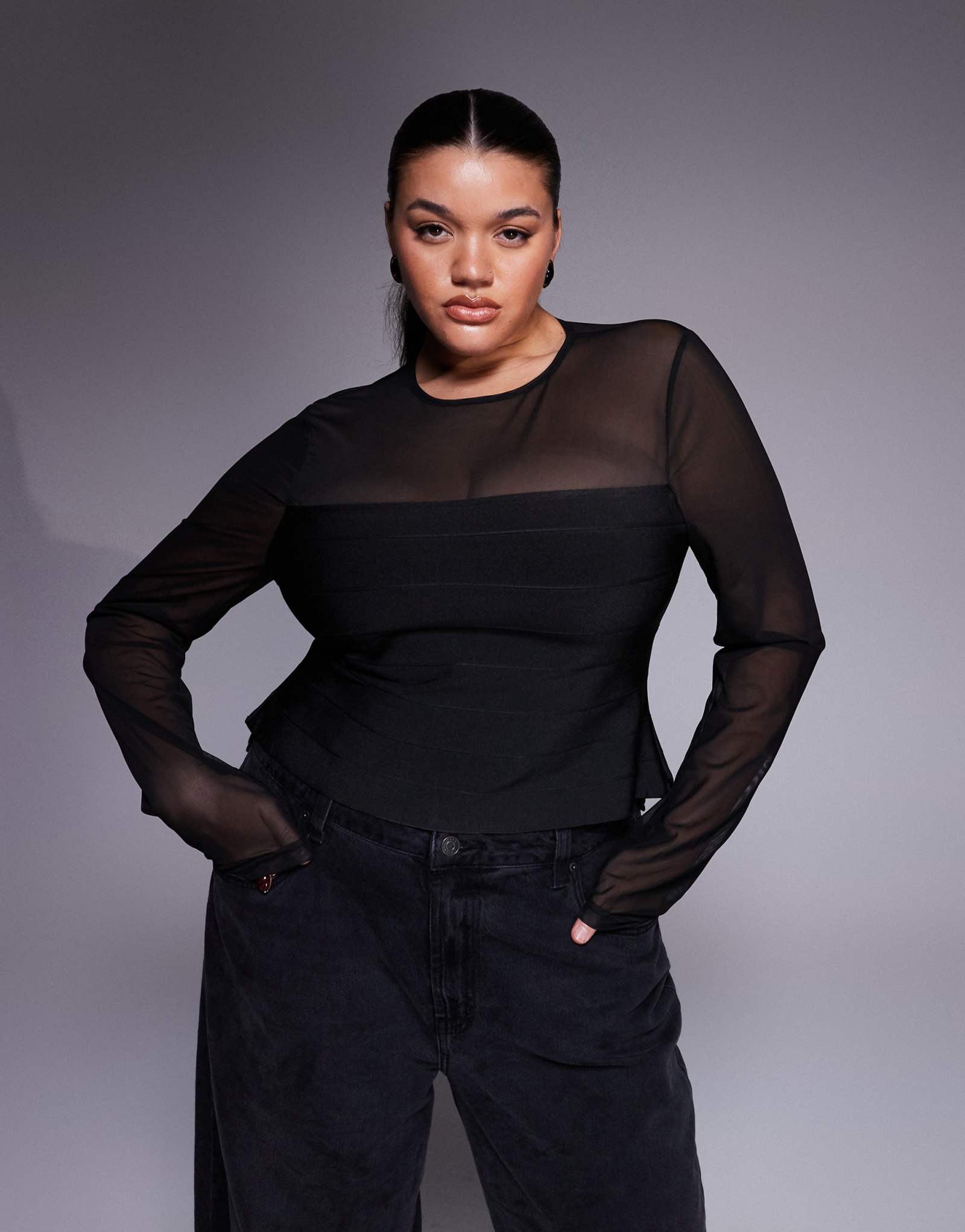 Топ с длинным рукавом из сетчатой бандажной вставки ASOS DESIGN Curve черного цвета
