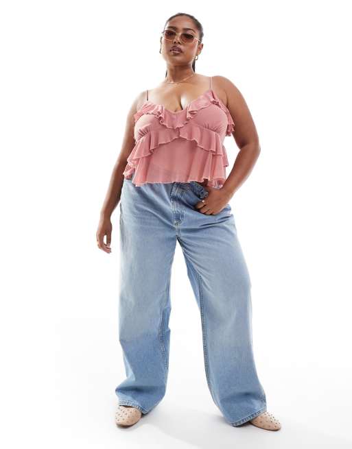 ASOS DESIGN Curve mesh cami top with ruffles in dusty pink , 2 of 4