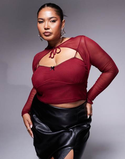 ASOS DESIGN Curve mesh cami with shrug detail in burgundy - view 1