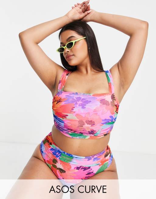 ASOS DESIGN Curve mesh crop bikini top in abstract floral print