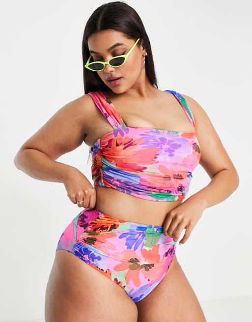 Plus Size Swimsuit Cute Floral Print High Waisted Bikini