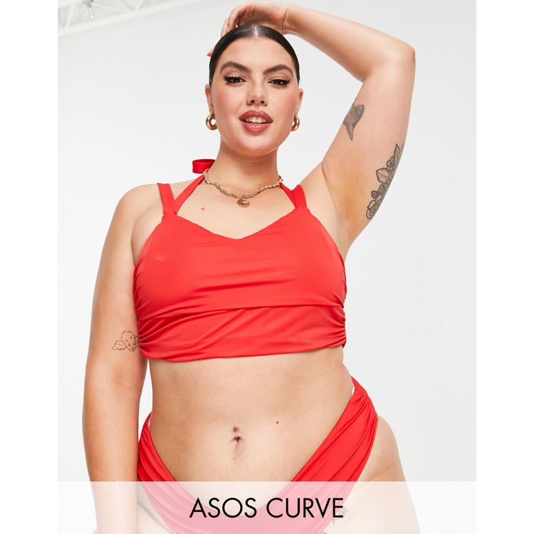 ASOS DESIGN short sleeve mesh crop bikini top in red