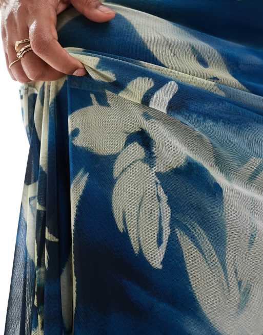 ASOS DESIGN Curve mesh cupped detail fishtail maxi dress in oversized blue & yellow floral, 2 of 4