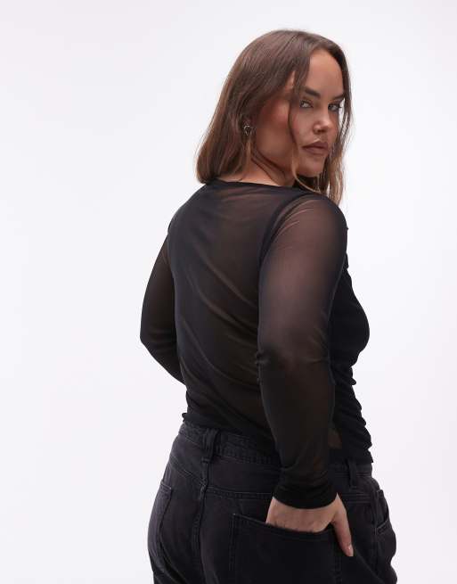 ASOS DESIGN Curve mesh drape boat neck long sleeve top in black, 4 of 4