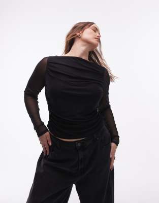 Asos Curve Asos Design Curve Mesh Drape Long Sleeve Top In Black