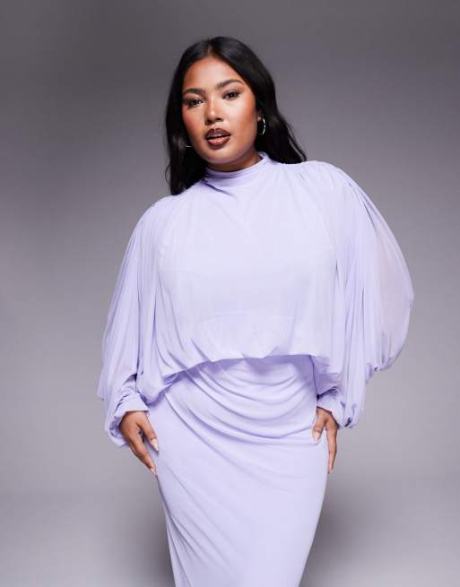ASOS DESIGN Curve mesh draped blouson long sleeve maxi dress with ruched skirt in lilac