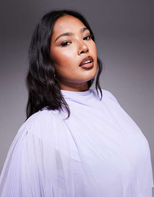 ASOS DESIGN Curve mesh draped blouson long sleeve maxi dress with ...