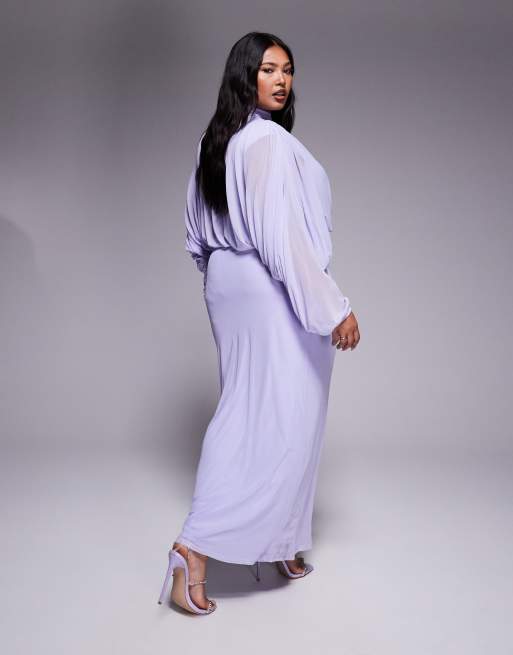 ASOS DESIGN Curve mesh draped blouson long sleeve maxi dress with ruched skirt in lilac