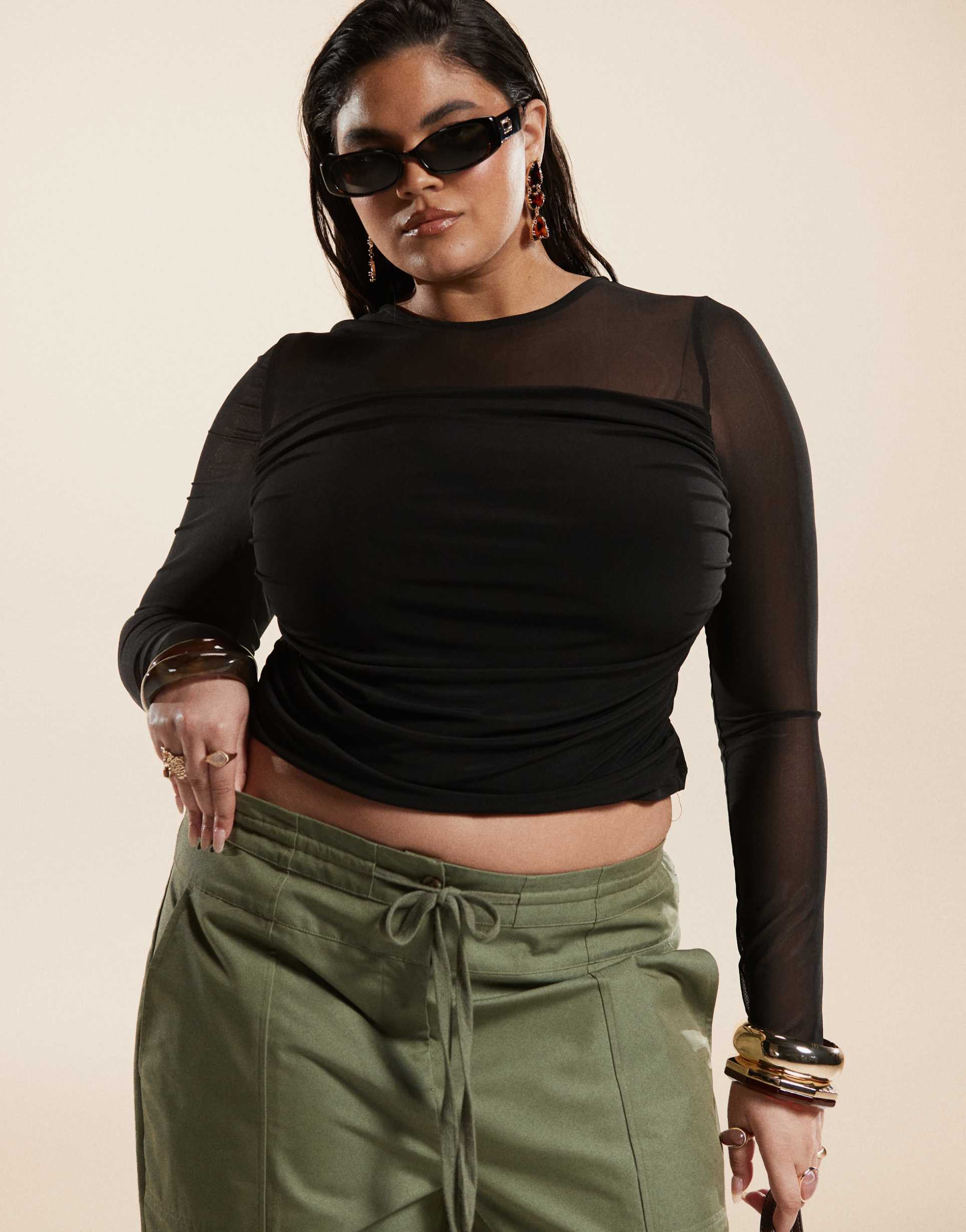 asos design curve mesh draped front long sleeve top in black