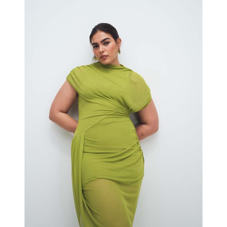 ASOS DESIGN Curve mesh draped midi dress with cape detail in green | ASOS