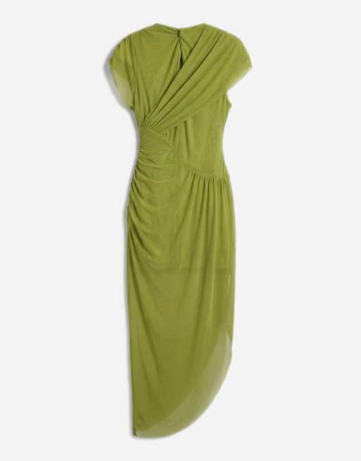 ASOS DESIGN Curve mesh draped midi dress with cape detail in green, 6 of 11