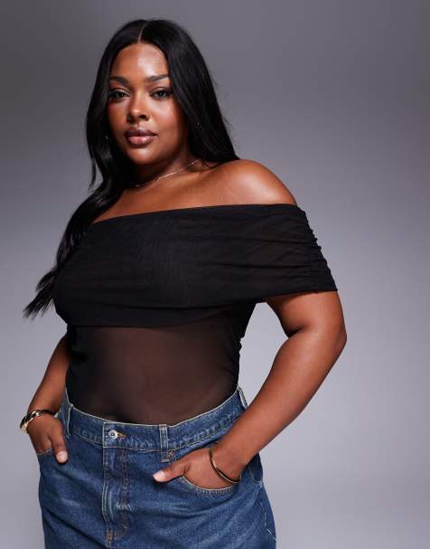 ASOS DESIGN Curve mesh fold over ruched off shoulder top in black - view 1
