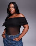 [ASOS Curve] ASOS DESIGN Curve mesh fold over ruched off shoulder top in black 3XL Black