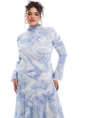 ASOS DESIGN Curve mesh high neck long sleeve a-line maxi dress in blue  abstract print | ASOS