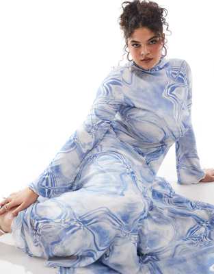 ASOS DESIGN Curve mesh high neck long sleeve a-line maxi dress in blue  abstract print | ASOS