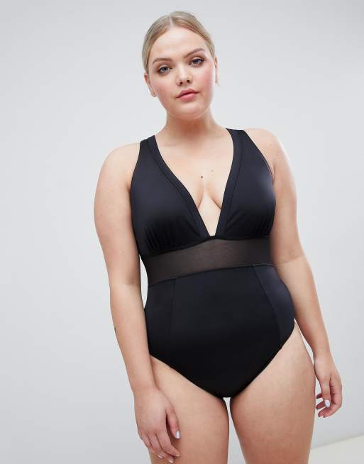 ASOS DESIGN curve mesh insert swimsuit in black, 3 of 4